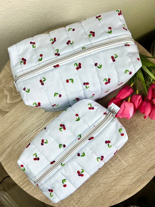 Cherries on Blue Makeup Bag