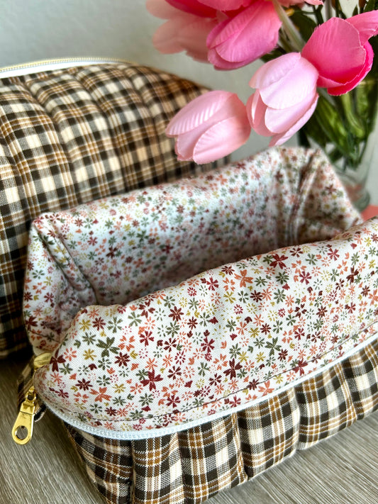 Brown Gingham Makeup Bag
