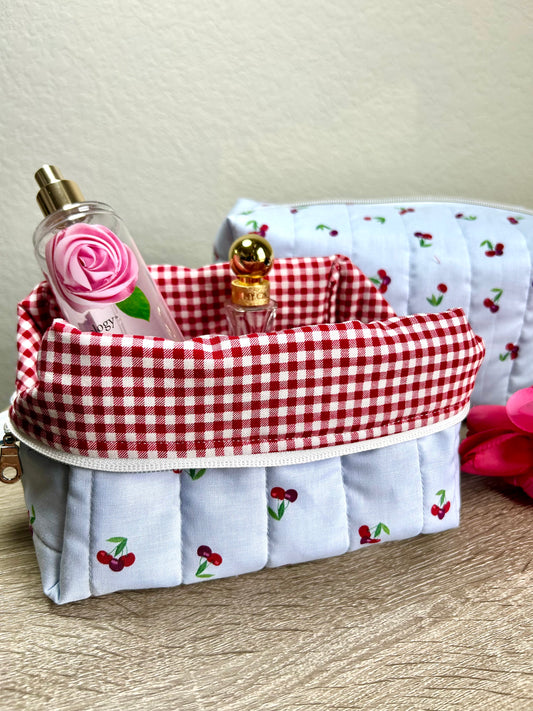 Cherries on Blue Makeup Bag