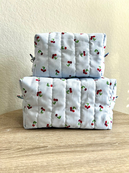 Cherries on Blue Makeup Bag
