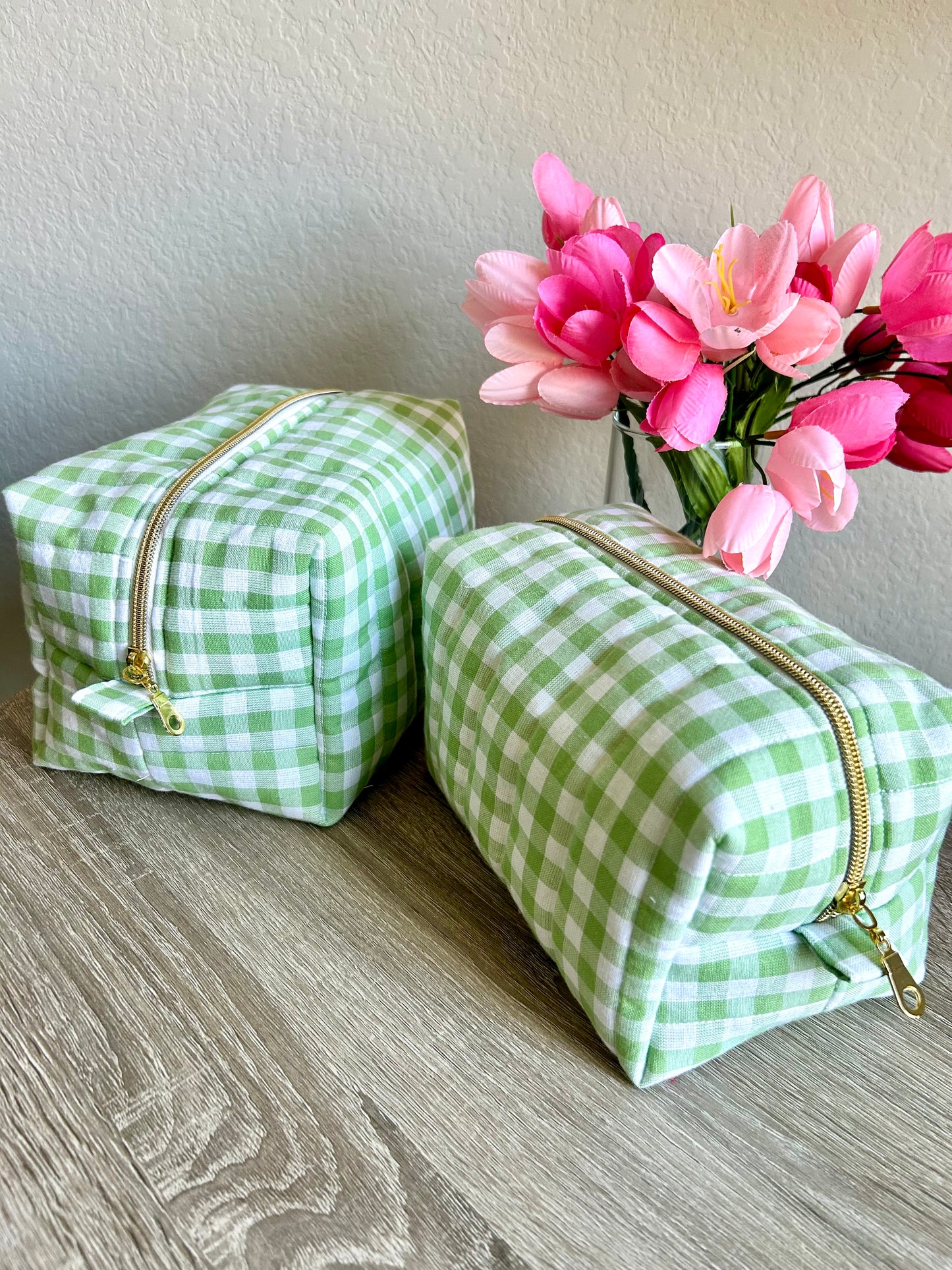 Green Gingham Makeup Bag