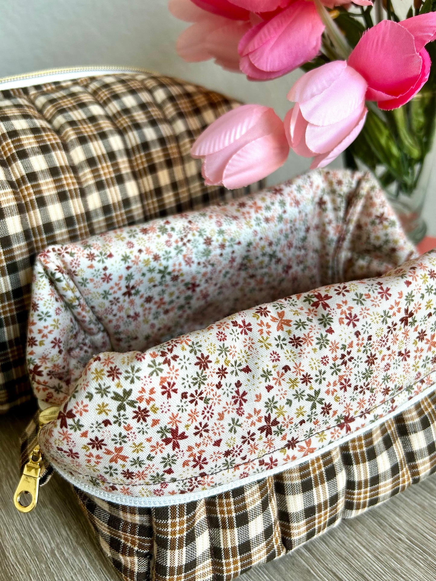 Brown Gingham Makeup Bag