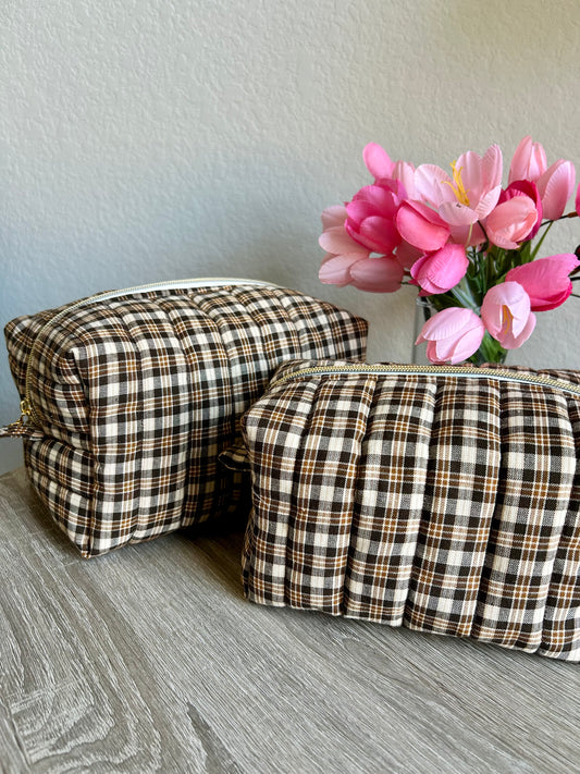 Brown Gingham Makeup Bag