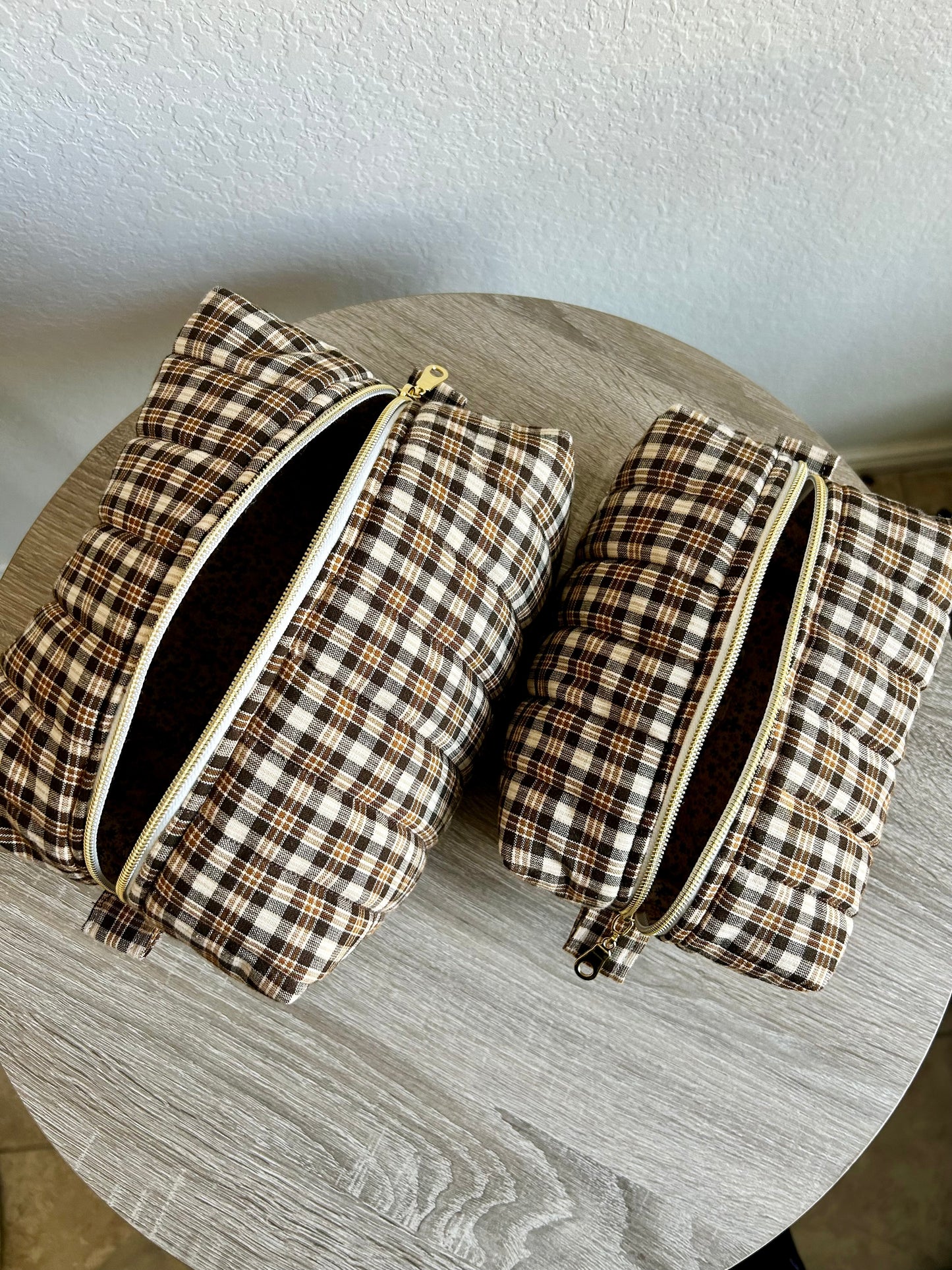 Brown Gingham Makeup Bag