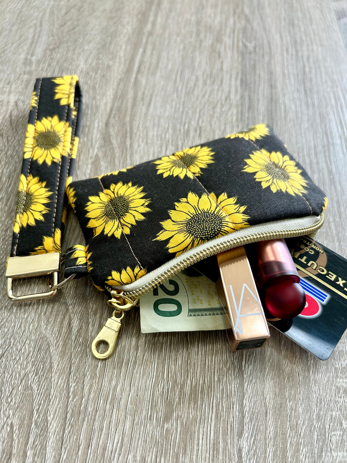 Sunflowers on Black Wristlet Wallet