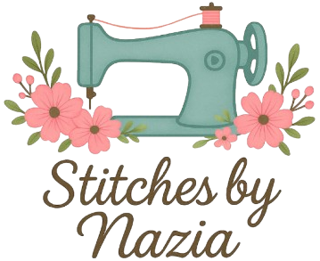 Logo of 'Stitches by Nazia' with a sewing machine and flowers on a white background