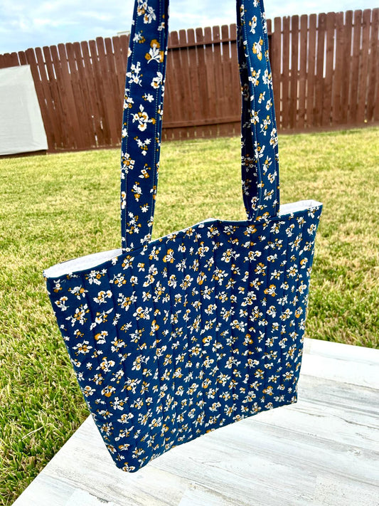 Beige Flowers on Navy Tote